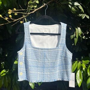 NWT R.G. KANE blue tweed fringe hem square neck button boxy cropped tank top